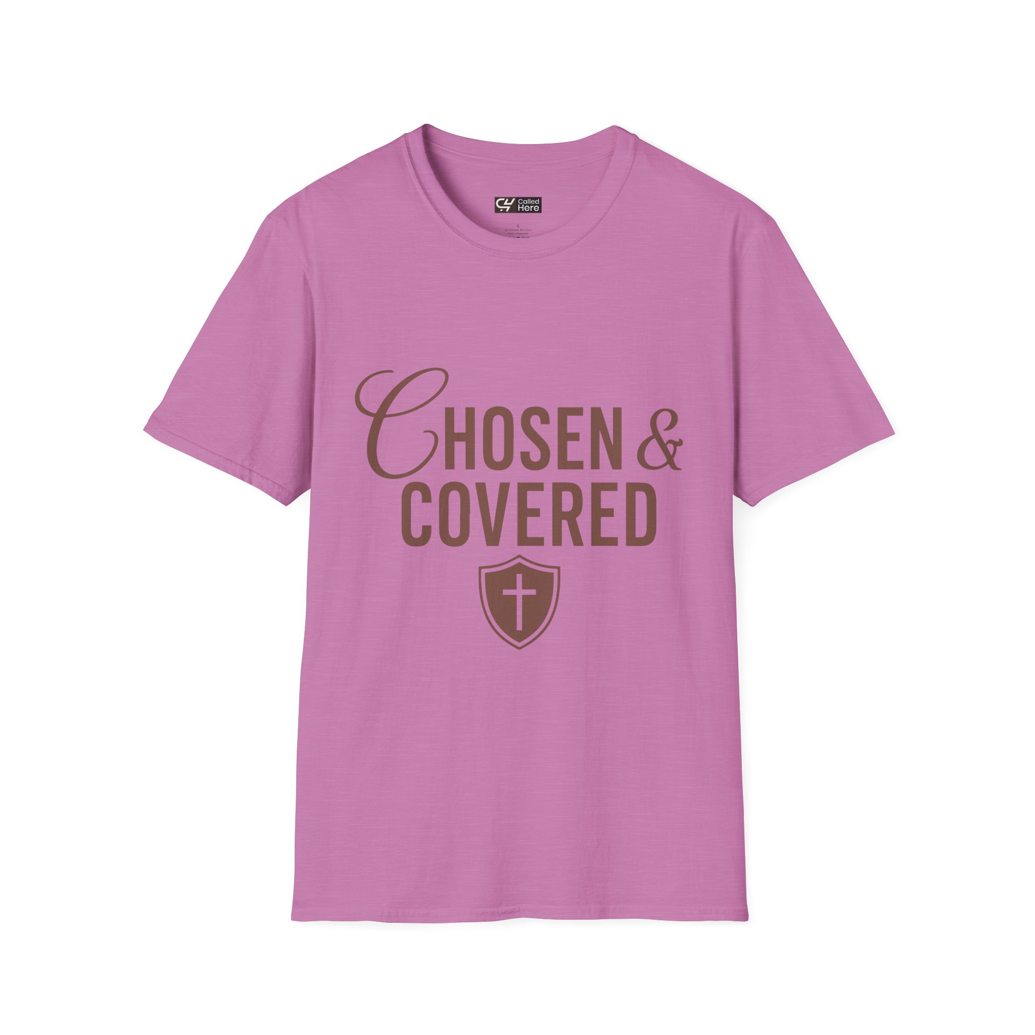 Called Here Chosen & Covered Tee: Christian Faith Shirt with Shield Cross