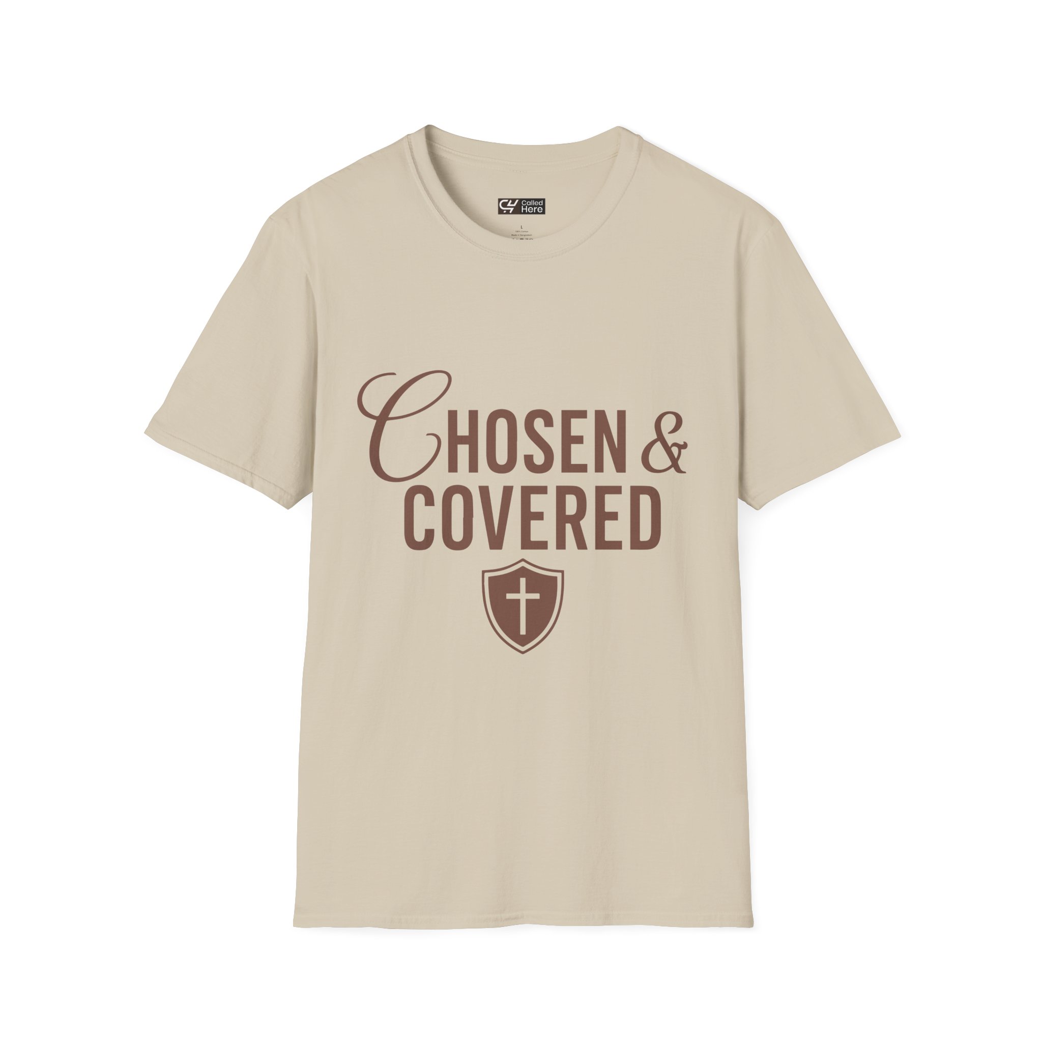 Called Here Chosen & Covered Tee: Christian Faith Shirt with Shield Cross