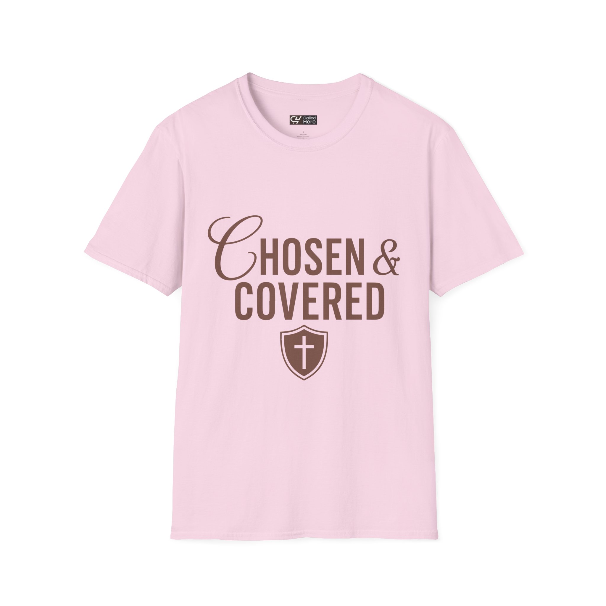 Called Here Chosen & Covered Tee: Christian Faith Shirt with Shield Cross
