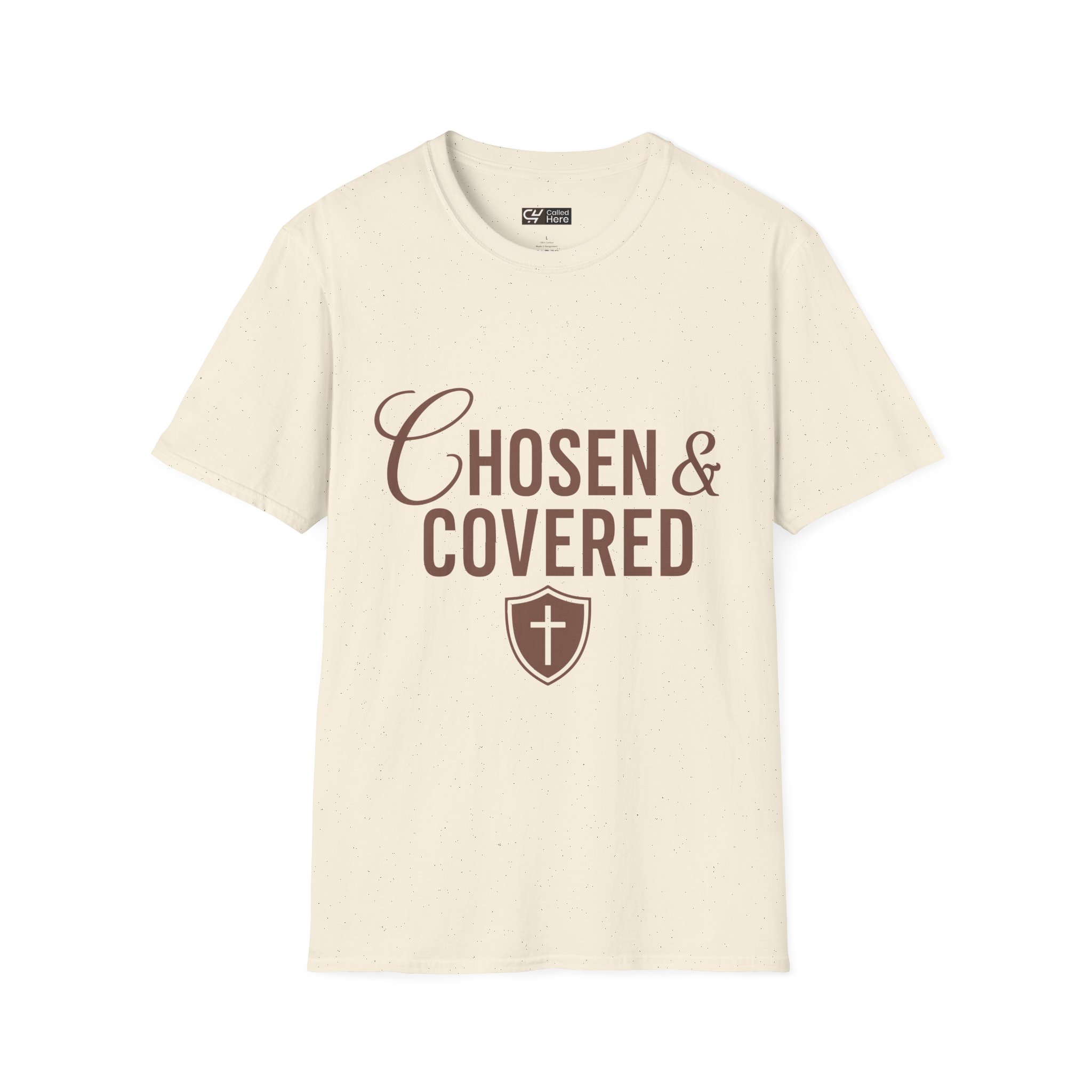 Called Here Chosen & Covered Tee: Christian Faith Shirt with Shield Cross