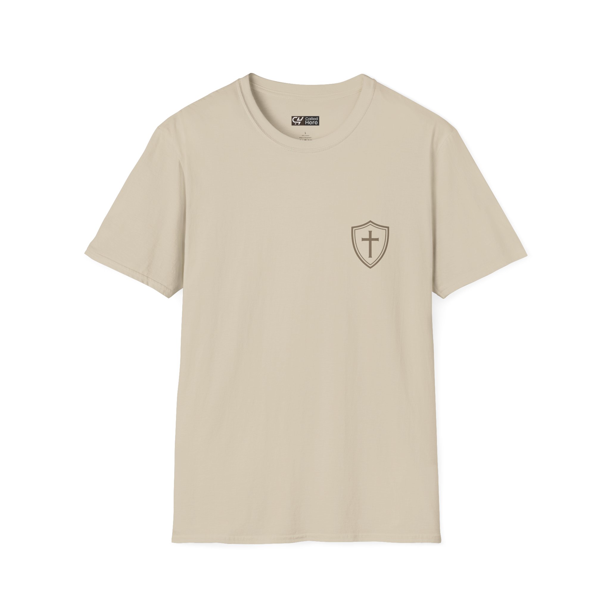 Called Here Christian Shield Cross T-Shirt: Faith Pocket Tee